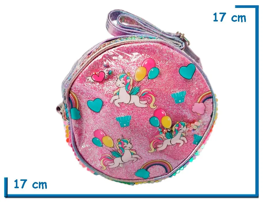 2X1 CARTERA REDONDA UNICORNIOS GLOBOS CON LENTEJUELAS