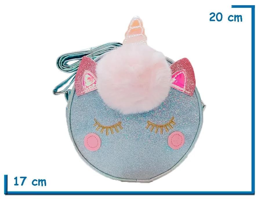2X1 CARTERA CELESTE FORMA UNICORNIO CON POMPON