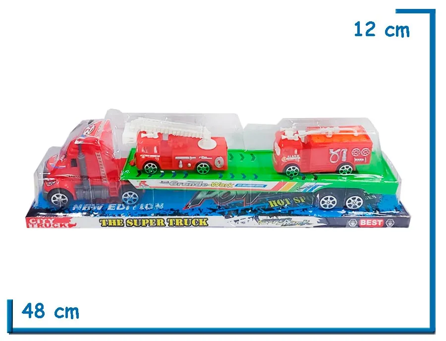 CITY TRUCK CAMION ROJO GRANDE CON 2 CAMIONES BOMBERO A FRICCION