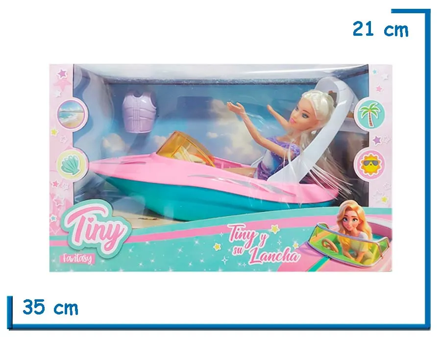 TINY FANTASY Y SU LANCHA MU¥ECA MALLA VIOLETA CON ACCESORIOS
