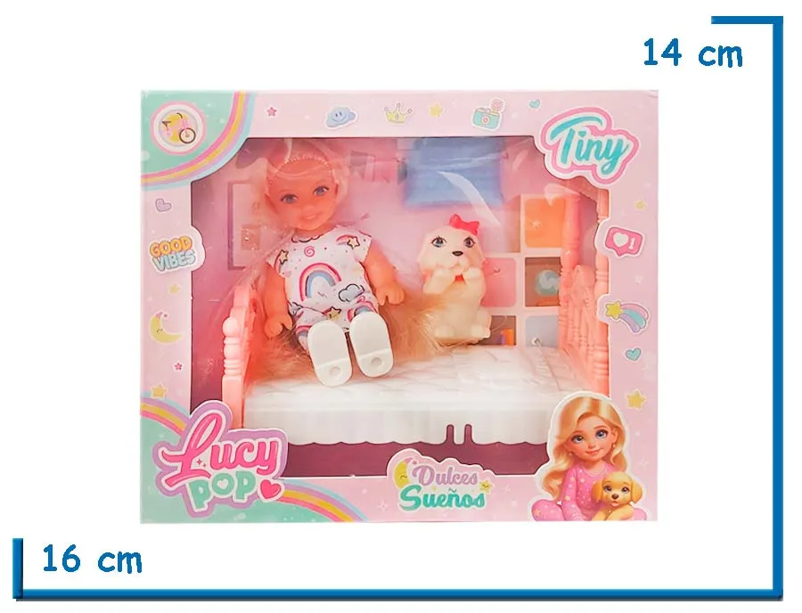 TINY LUCY POP MU¥ECA VESTIDO ARCOIRIS CON CAMA Y MASCOTA