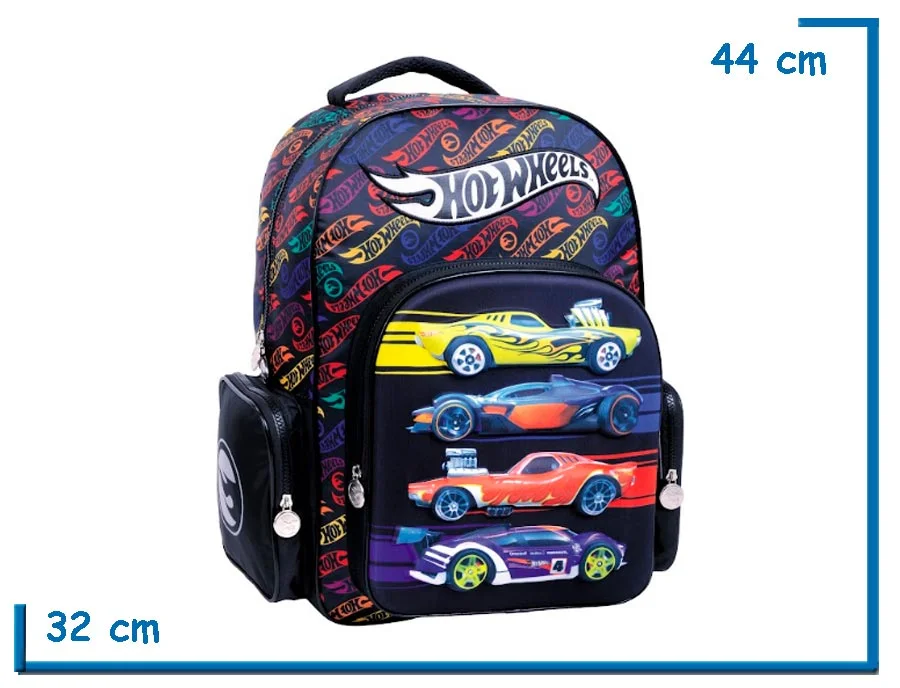 MOCHILA ESPALDA 18'' HOT WHEELS NEGRA 4 AUTOS RELIEVE (WA75118N)