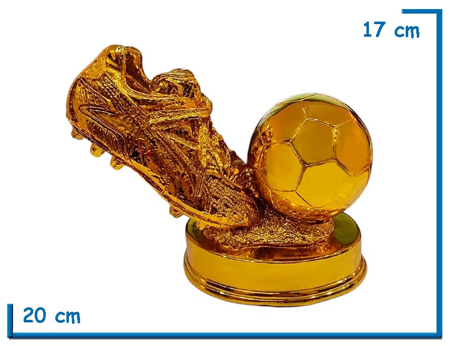 TROFEO MEJOR GOL BOTIN Y PELOTA PEDESTAL DORADO 17CM