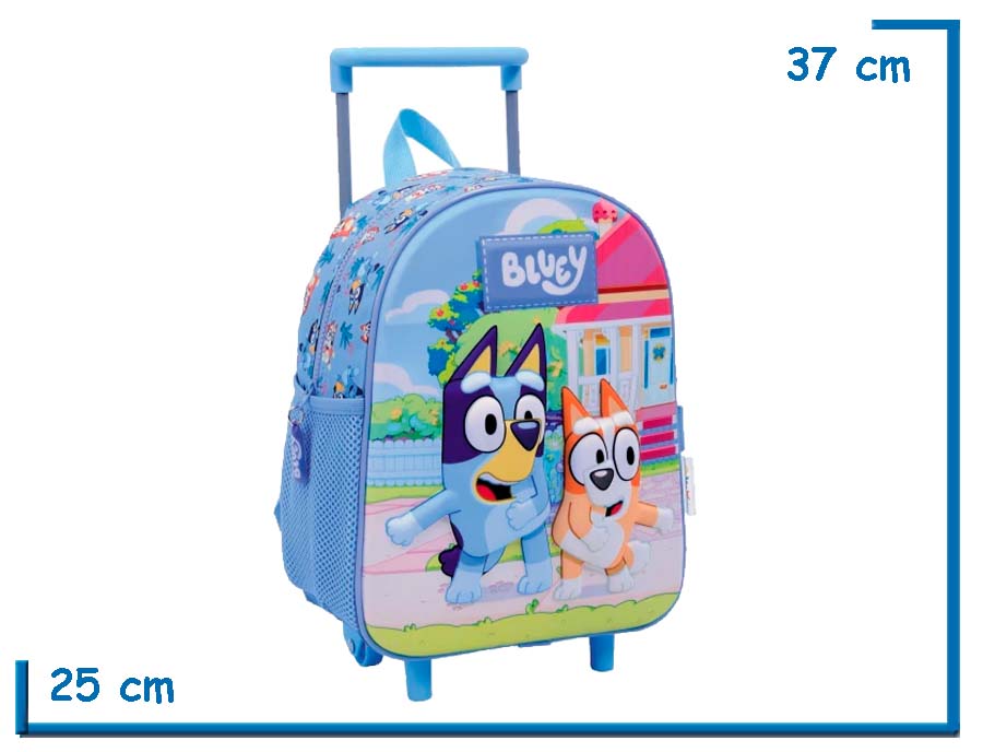 MOCHILA CARRO 12? BLUEY CELESTE BLUEY Y BINGO BAILANDO RELIEVE