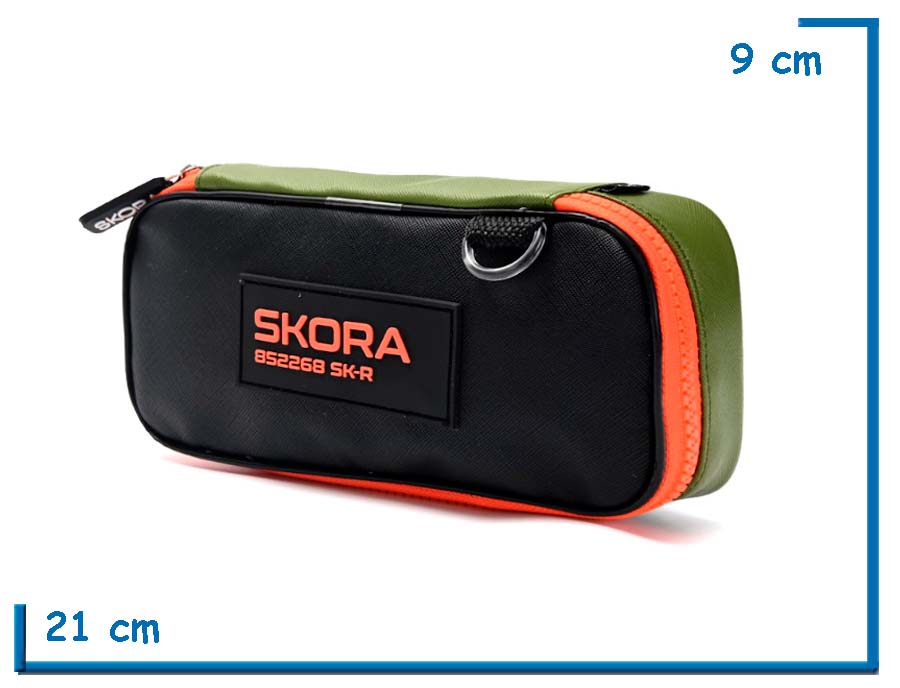 CARTUCHERA SIMPLE SKORA RECTANGULAR VERDE NEGRA Y NARANJA
