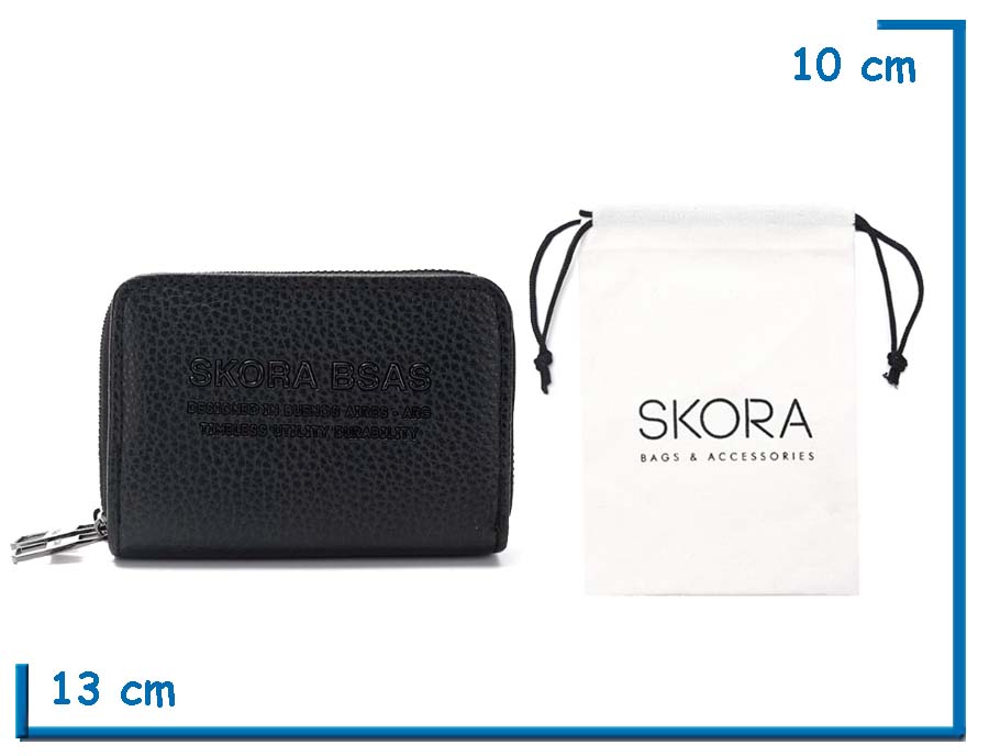 SKORA BILLETERA GRANEADA NEGRO DOBLE CIERRE EN BOLSA DE TELA
